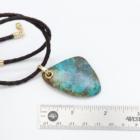Chrysocolla Natural Stone Necklace 14K Yellow Gold & Leather - Picture 10 of 11